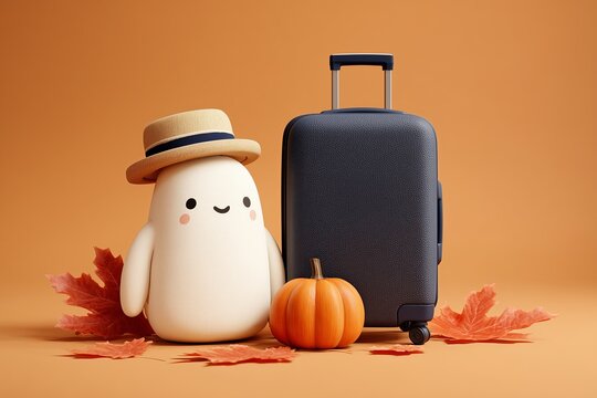 Cute Halloween Traveler Ghost with Straw Hat, Suitcase, and Autumn Maple Leaves