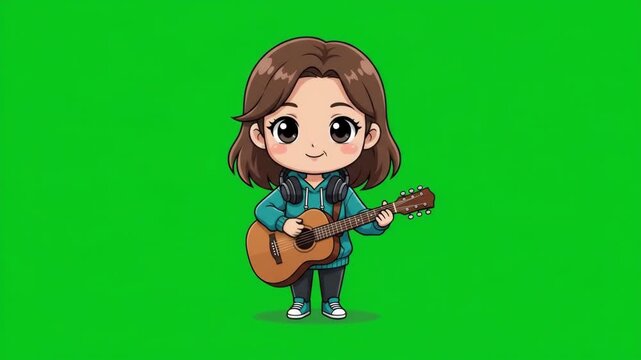 Cute chibi character playing acoustic guitar on a vibrant green screen background.