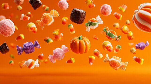 Levitating Halloween Candies and Mini Pumpkins Pattern on Orange Background