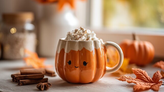 Cozy Autumn Pumpkin Spice Latte Mug with Whipped Cream and Cinnamon Sticks