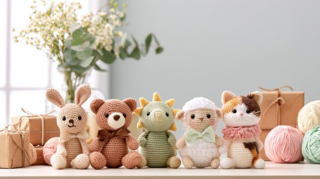 Five crocheted animal toys, including a rabbit, bear, dinosaur, sheep, and cat, are arranged on a table with yarn and gift boxes in the background.