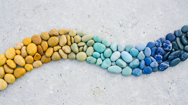 Colorful gradient of smooth pebbles arranged in a wave pattern on a light textured surface