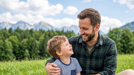 Fototapeta premium Happy man father hugging little boy son smiling together outdoors in green summer meadow. Family love and bonding time. Father day celebration and childhood happiness concept outdoors joy.