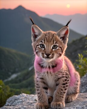 A pink balkan lynx kitten in inferno lit mountains