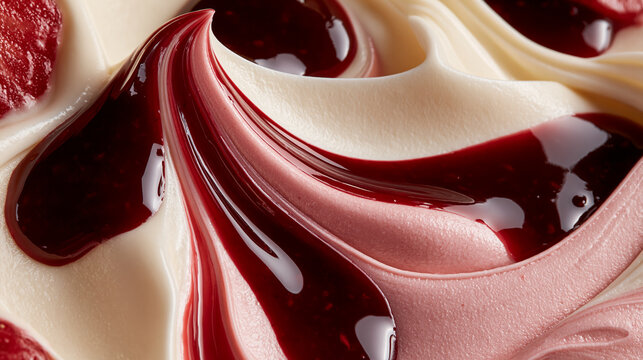 Glossy Red Berry Sauce and Cream Swirl Texture Background