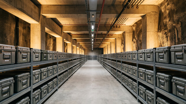 Large Archival Storage Corridor With Rows of Records Shelving and Symmetrical Perspective