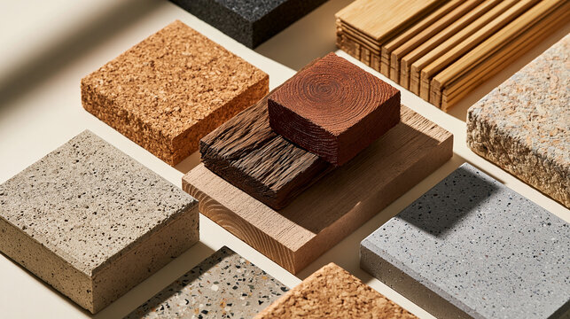 Sustainable Building Material Samples With Wood Cork Stone and Composite Surfaces