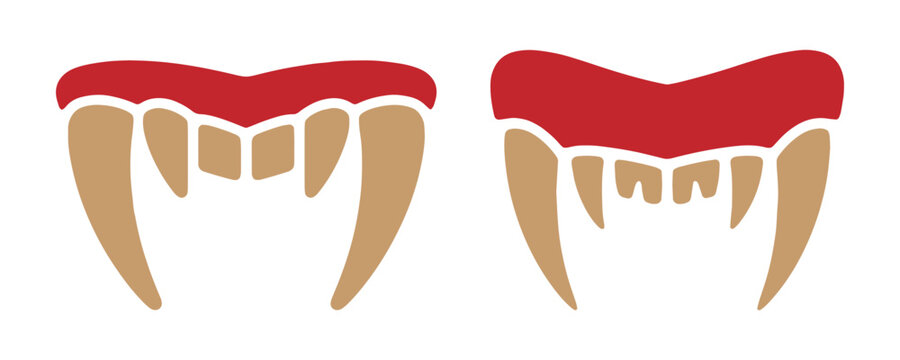 Vampire fangs with red gums monster teeth jaws icon set for Halloween party flyer design decoration.