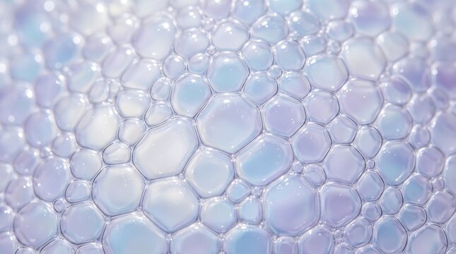Abstract fluid art background with iridescent bubbles. Macro close up of pastel cyan and lavender foam texture. Soft glowing soap cells pattern for UI design.