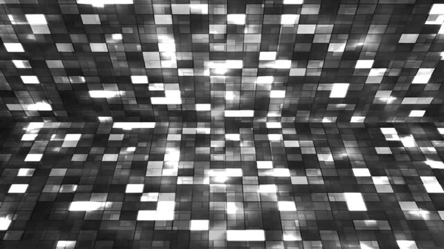 Abstract monochrome light panel background with moving glowing square grid