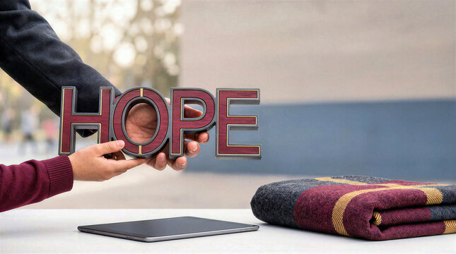 Hands holding burgundy wooden block letters spelling out hope over white surface with digital tablet and folded blanket. Conceptual photo of support, optimism, healthcare and charity project