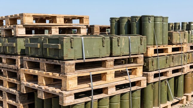 Military ammunition crates and artillery shell containers stacked on wooden pallet outdoors. Army weapon supply storage and defense logistics concept for war and armed conflict