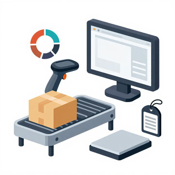 Warehouse logistics isometric concept with conveyor belt cardboard box barcode scanner and computer monitor