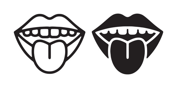Open mouth showing tongue and teeth icons in outline and flat solid black style for speech pathology.