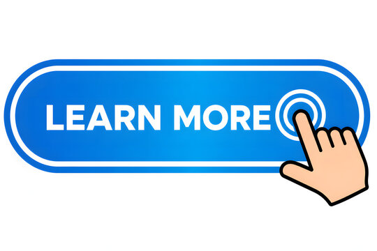 Hand clicking blue learn more button on digital interface for online education and training