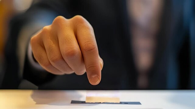 Close-up of a Hand Casting a Ballot into a Voting Box