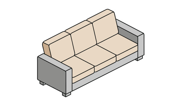 Elegant grey and beige three seater sofa with soft cushions presented in an isometric architectural perspective.