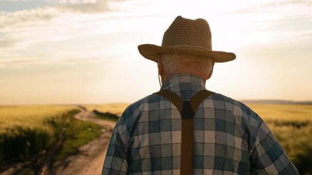 Older person seen from behind wearing wide-brim straw hat, checkered shirt, and suspenders pauses on narrow winding dirt road at golden hour and briefly raises right hand to adjust suspender while