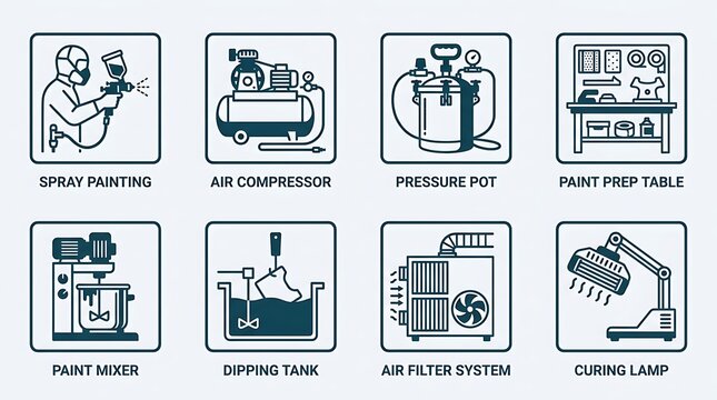 Set of industrial manufacturing icons showcasing various surface treatment and coating equipment processes
