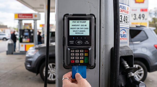 Person Paying at Gas Pump with Credit Card