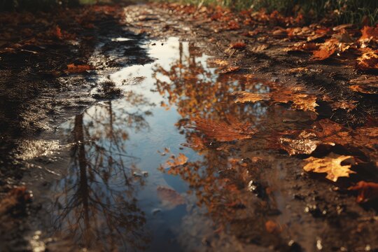 Autumn puddle reflection on muddy trail