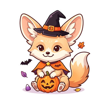 Cute Fennec Fox Wearing Halloween Witch Hat and Cape with Pumpkin Clipart
