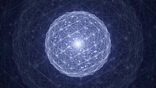 Abstract glowing blue digital sphere with interconnected network lines and shimmering particles on dark background