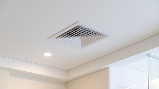 White ceiling with a square air vent and recessed light in a modern indoor setting.