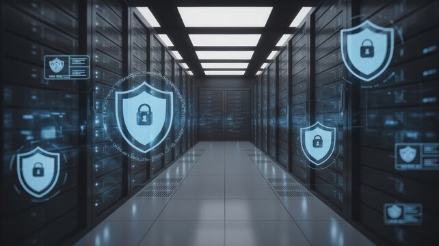 A futuristic server room corridor featuring glowing digital security shield graphics, ideal for cybersecurity and data storage concepts