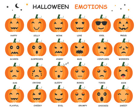Halloween emotions pumpkin chart vector illustration. Cute Jack-o'-lantern pumpkins set with facial expression labels, moon, and stars isolated on white background