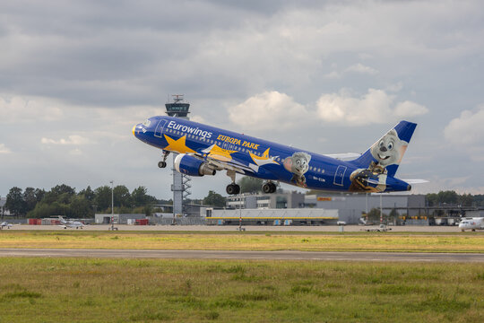 Hannover, Germany &ndash; 17 August 2026 Eurowings Airbus A320-214 9H-EUM in Europa-Park Livery Taking Off from Hannover Airport