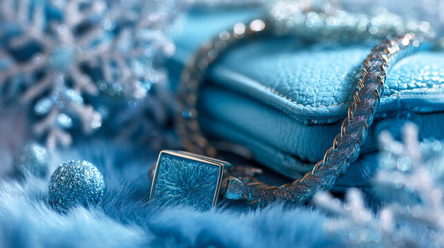 Close view of blue winter accessories, handbag,jewelry, snowflake sparkling frost. Cozy Christmas and New Year composition for fashion, UGC