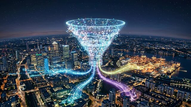 ! Lights fill the night sky over a city, creating colorful patterns and shapes. The display draws attention from people below. This event takes pla ce in an urban setting