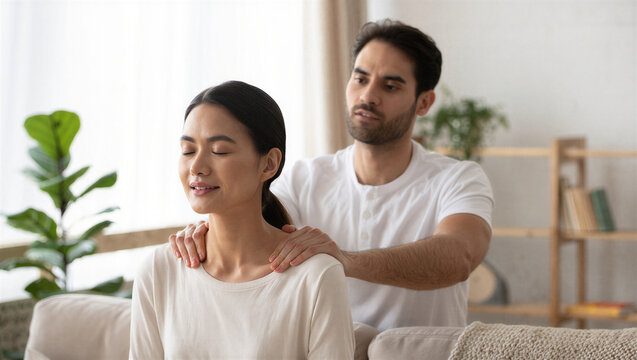 Man giving relaxing shoulder massage to woman at home, cozy living room, care and wellness concept