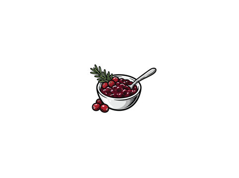 Bowl Of Cranberry Sauce With Spoon And Rosemary Garnish Isolated Vector Illustration