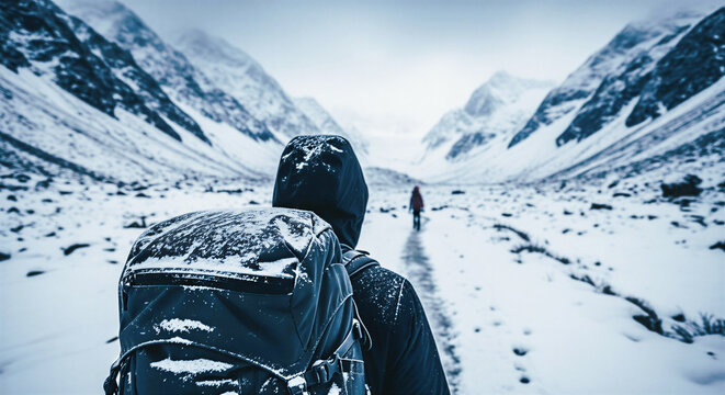 Hiker exploring snowy mountains in a cold, serene landscape. Mountain mountaineering.