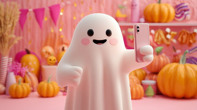 Cute 3D Ghost Taking Selfie with Pink Smartphone and Halloween Pumpkins