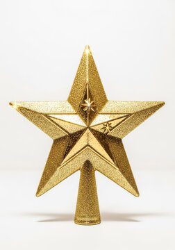 A sparkling golden star tree topper sits elegantly against a clean white background, ready for the peak of a traditional Christmas tree, metallic, shape, sparkling