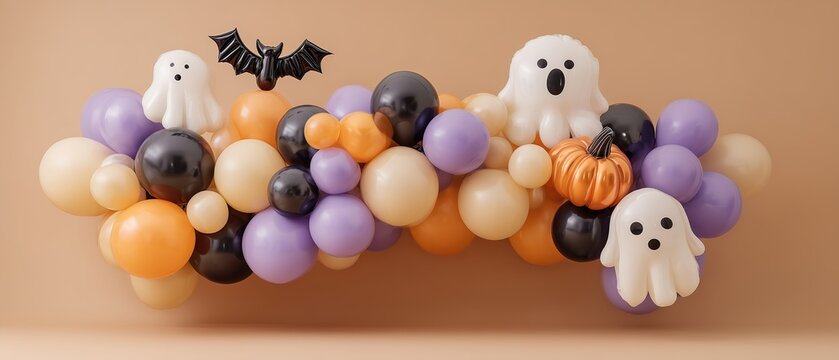 3D Halloween Balloon Garland Garland with Cute Ghosts, Bat, and Orange Pumpkin