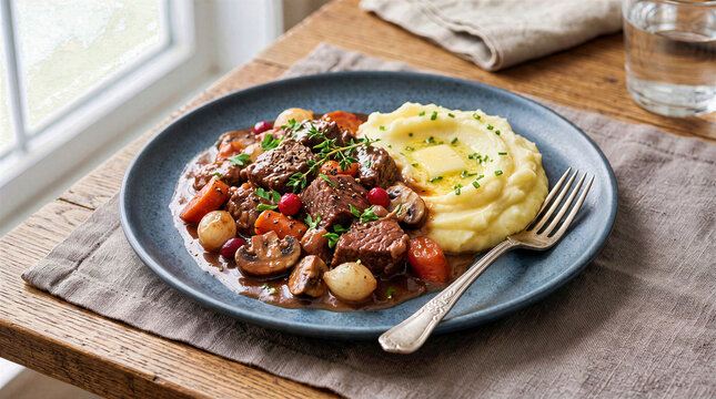 French beef bourguignon stew with mushrooms, carrots and pearl onions served with creamy mashed potatoes and butter. Gourmet beef dish on blue ceramic plate over rustic wooden table background