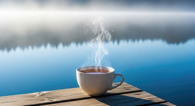 A steaming ceramic cup of herbal tea sits on a rustic wooden pier overlooking a serene blue lake during a misty morning with soft light, drinkware, wooden, quiet
