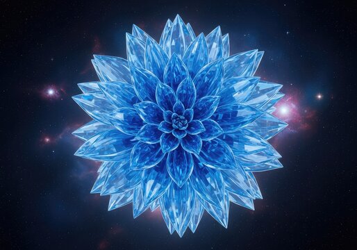 A stunning digital render of translucent blue crystalline petals forming an intricate flower shape against a dark, glowing cosmic backdrop, macro, digital, sapphire