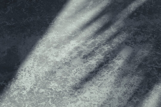 Minimalist 3D render of empty concrete floor with light and dark gray textured stains in soft natural sunlight with botanical window gobo shadow, loft background and copy space for cosmetics.