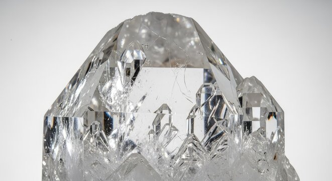A stunning macro close-up of a natural clear quartz crystal showing intricate internal fractures, sharp edges, and light reflecting surfaces, luminous, angular, prism