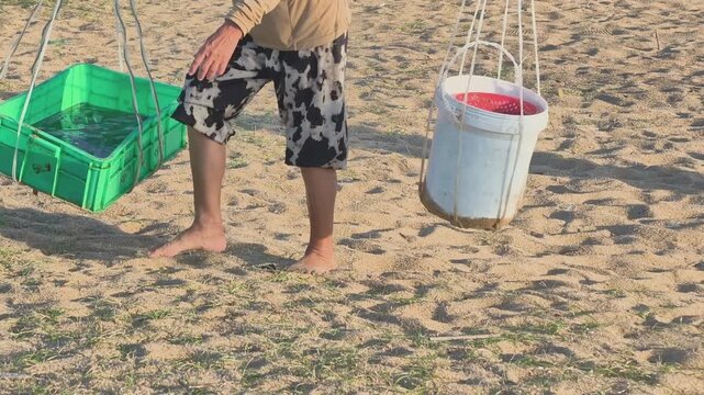 Traditional coastal life: merchant carrying fish baskets on the beach after morning market