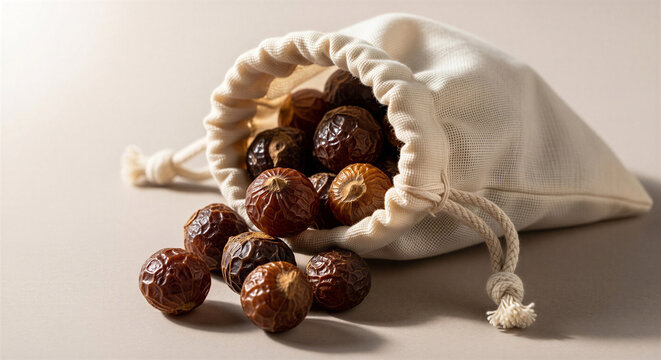 Soap nuts, natural eco-friendly cleaning agents, spilling from a cotton bag.