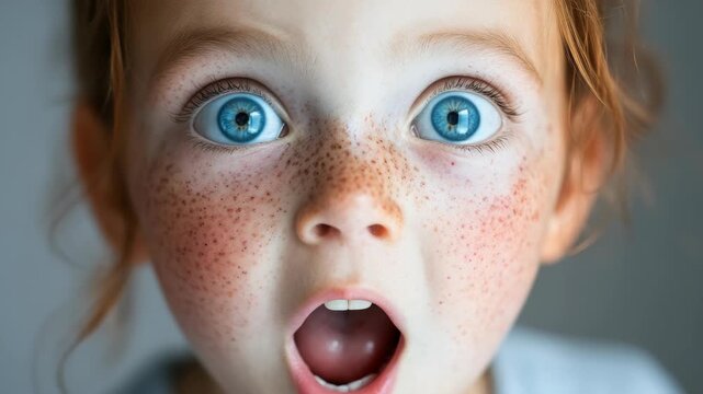 Close-up of surprised girl with freckles and blue eyes