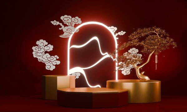 Chinese red display stand ,stage podium  chinese for present products.3D rendering