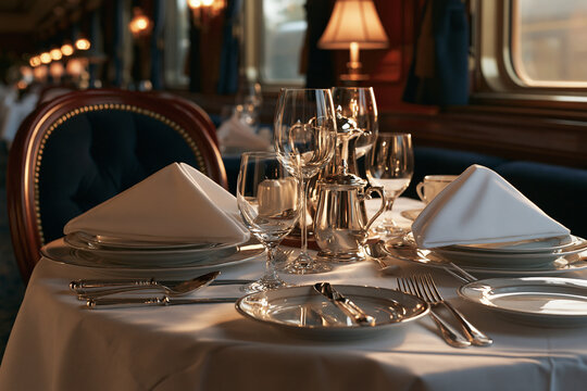 Elegant Table Setting in a Luxurious Vintage Train Dining Car