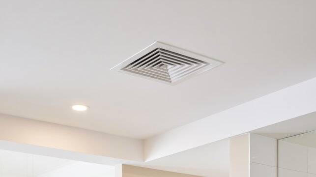 A white ceiling with a square air vent and a recessed ceiling light installed, showcasing modern indoor ventilation and lighting design.